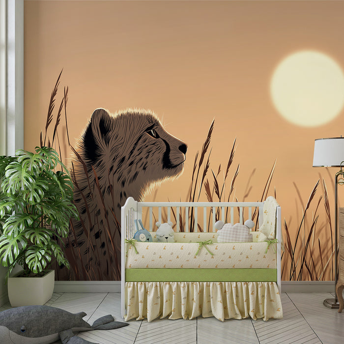 Papier peint chambre enfant | Guépard majestueux dans la savane au coucher du soleil