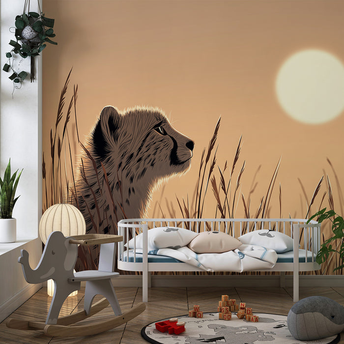 Papier peint chambre enfant | Guépard majestueux dans la savane au coucher du soleil