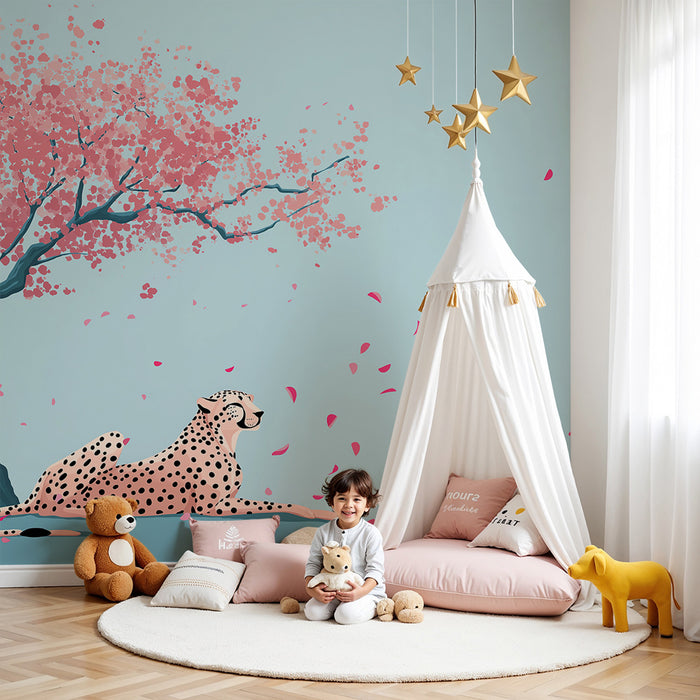 Papier peint chambre enfant | Guépard paisible sous un cerisier en fleurs