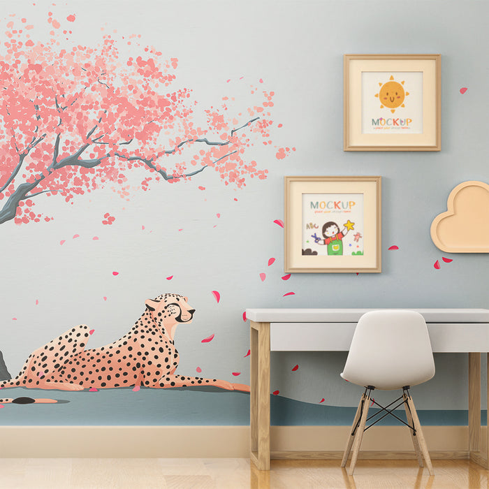 Papier peint chambre enfant | Guépard paisible sous un cerisier en fleurs