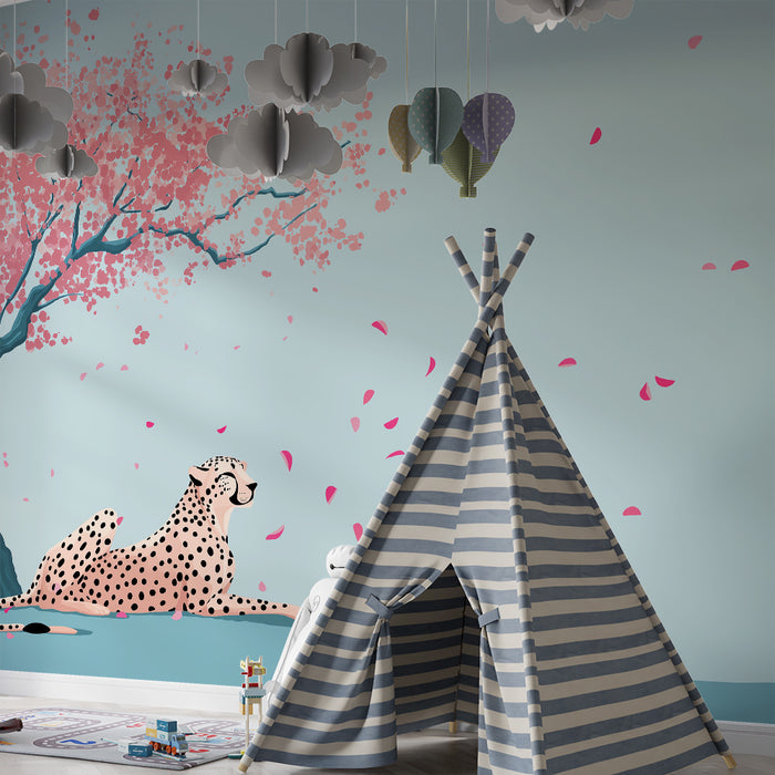 Papier peint chambre enfant | Guépard paisible sous un cerisier en fleurs