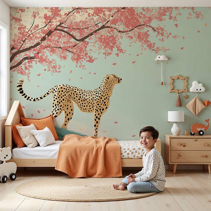 Papier peint chambre enfant | Guépard sous un cerisier en fleurs