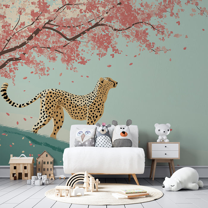 Papier peint chambre enfant | Guépard sous un cerisier en fleurs