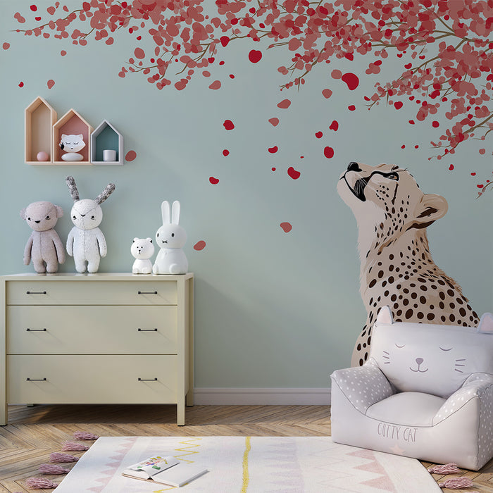 Børneværelse tapet | Leopard under en blomstrende himmel med farverige kronblade