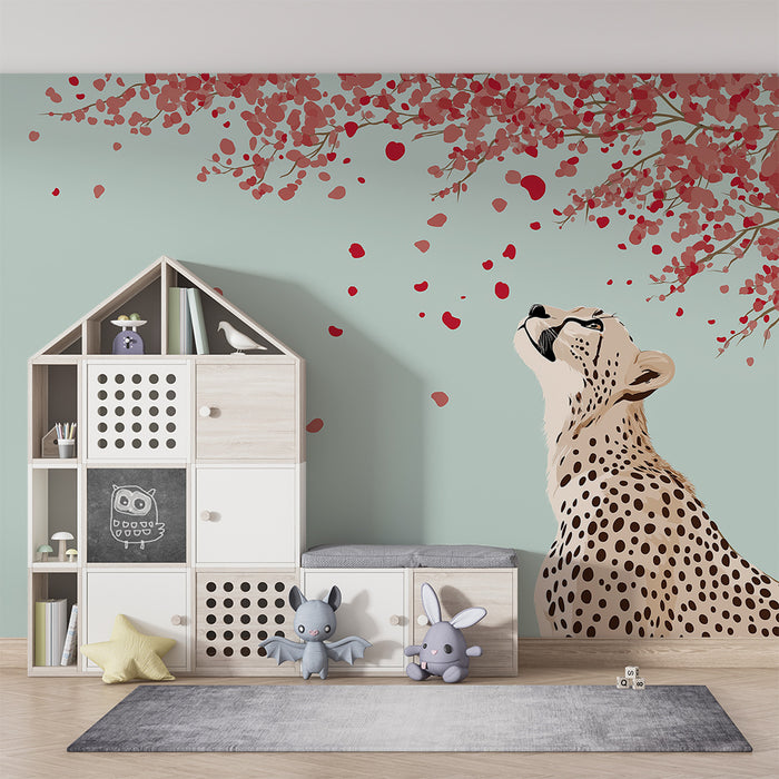Børneværelse tapet | Leopard under en blomstrende himmel med farverige kronblade