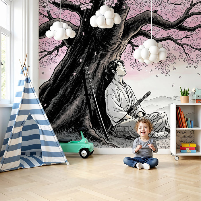 Children's bedroom wallpaper | Warrior under a cherry blossom tree