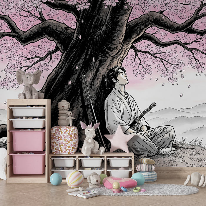 Children's bedroom wallpaper | Warrior under a cherry blossom tree