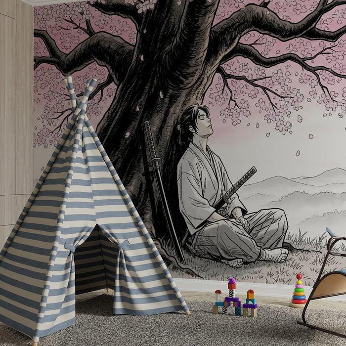 Children's bedroom wallpaper | Warrior under a cherry blossom tree
