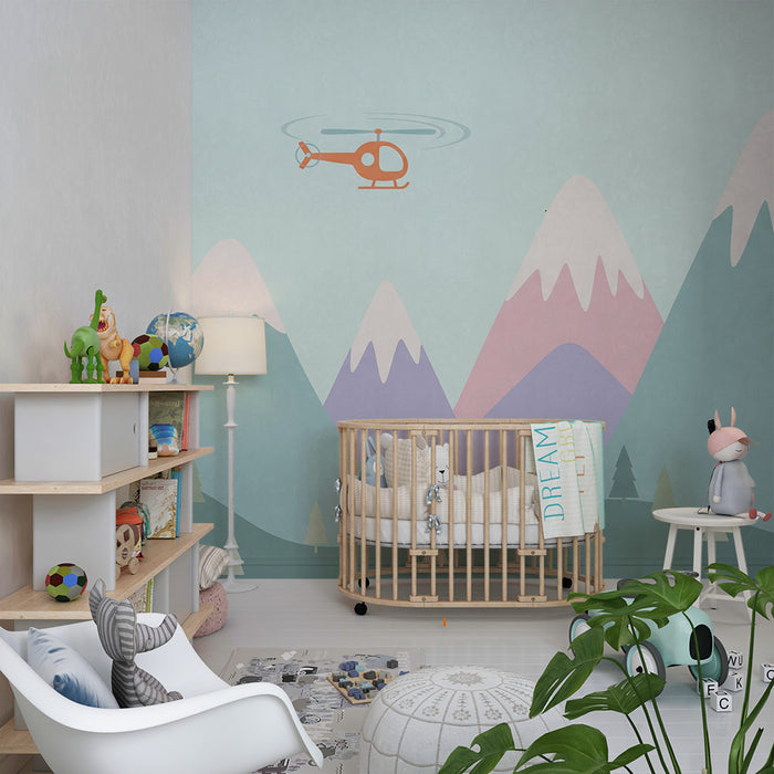 Kinderzimmer Tapete | Hubschrauber vor pastellfarbenem Berghintergrund