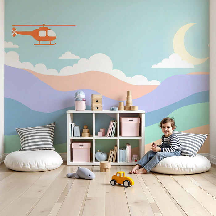 Kinderkamer behang | Helikopter boven een rustgevend pastel landschap