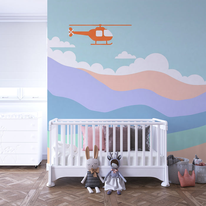 Kinderkamer behang | Helikopter boven een rustgevend pastel landschap