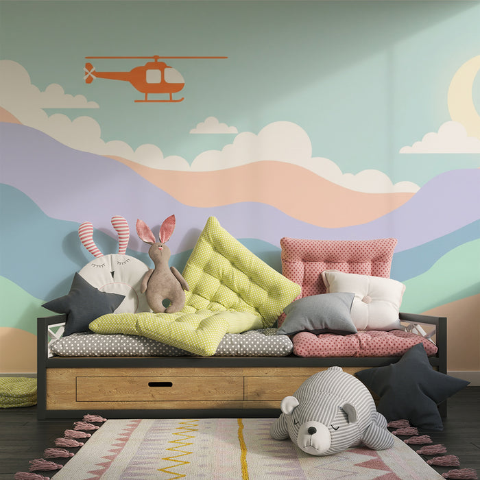 Kinderkamer behang | Helikopter boven een rustgevend pastel landschap