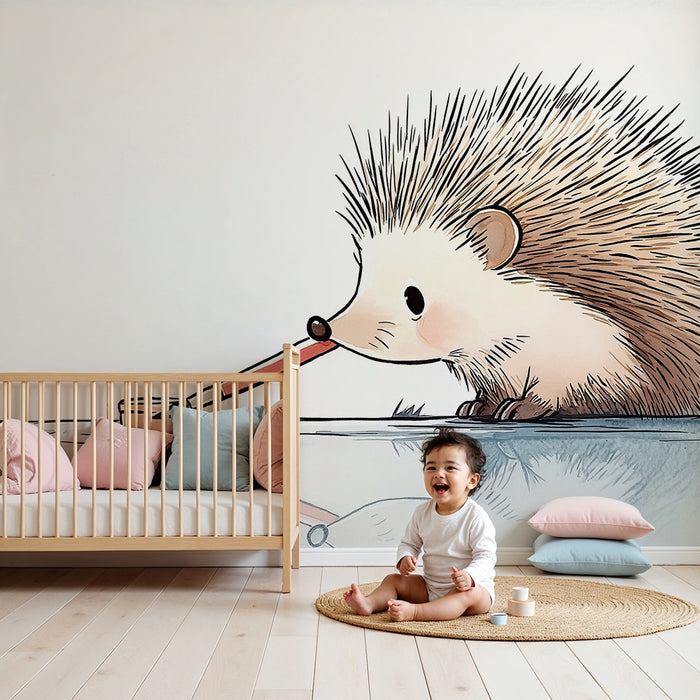 Papier peint chambre enfant | Hérisson artiste au bord de l'eau