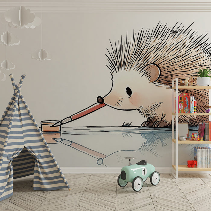 Papier peint chambre enfant | Hérisson artiste au bord de l'eau