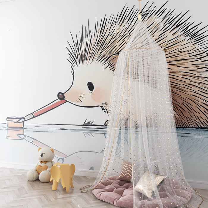 Papier peint chambre enfant | Hérisson artiste au bord de l'eau