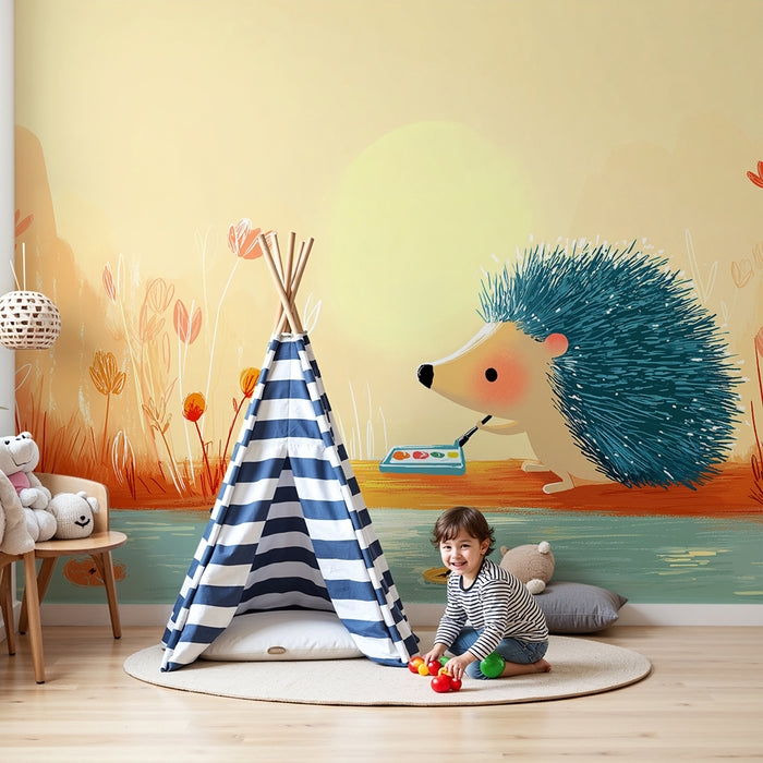 Kinderzimmer Tapete | Künstlerischer Igel am Wasserufer in einer bunten Landschaft