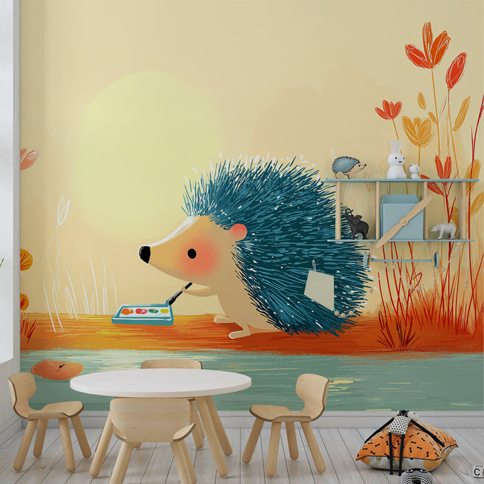 Kinderzimmer Tapete | Künstlerischer Igel am Wasserufer in einer bunten Landschaft