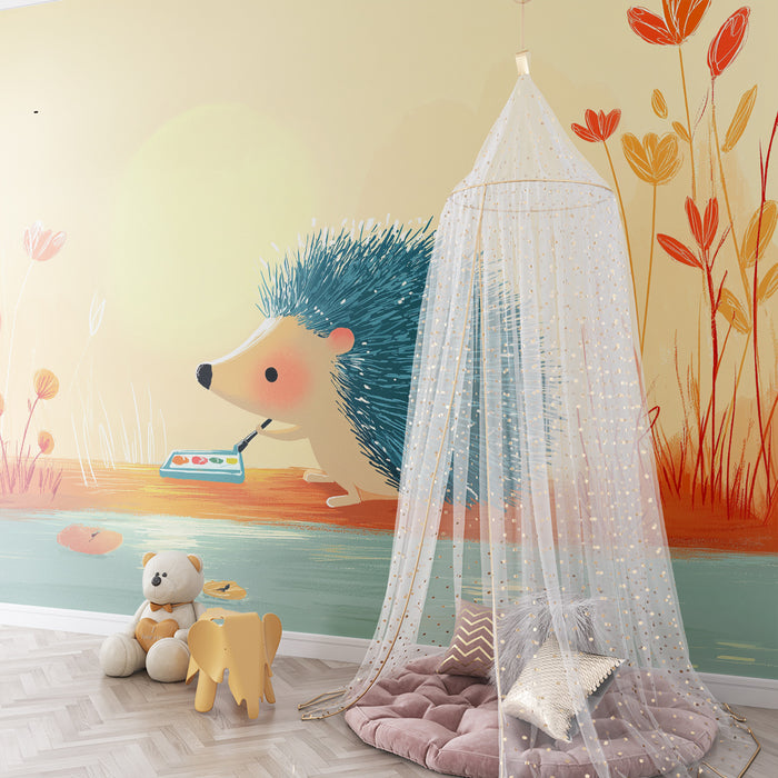 Kinderzimmer Tapete | Künstlerischer Igel am Wasserufer in einer bunten Landschaft