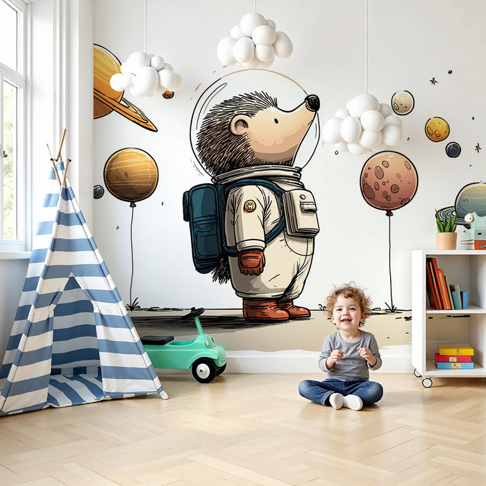 Papel pintado infantil | Erizo astronauta y planetas coloridos en el espacio
