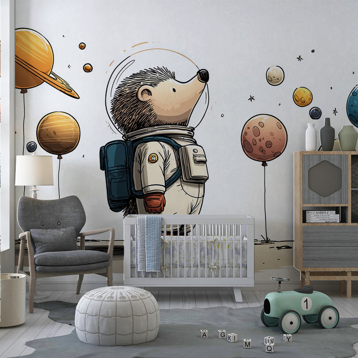 Papel pintado infantil | Erizo astronauta y planetas coloridos en el espacio