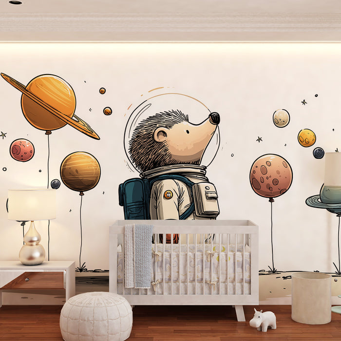 Papel pintado infantil | Erizo astronauta y planetas coloridos en el espacio
