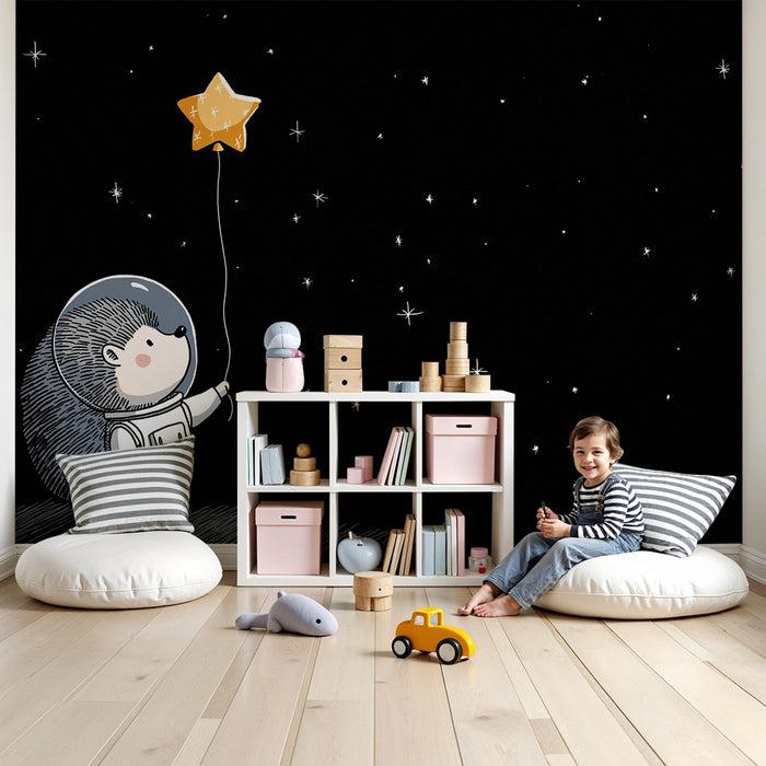 Kinderzimmer Tapete | Astronaut-Igel schwebt zwischen den Sternen