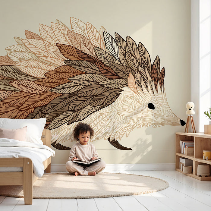 Papel de parede criança | Ouriço com folhas coloridas em tons naturais