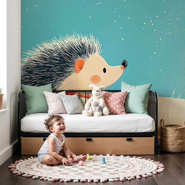 Papel pintado infantil | Erizo aventurero bajo un cielo estrellado