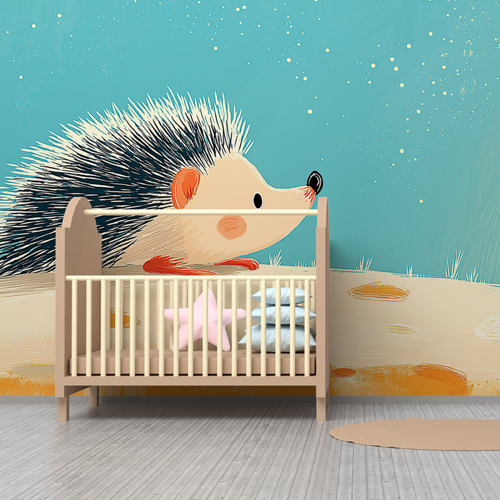 Papel pintado infantil | Erizo aventurero bajo un cielo estrellado