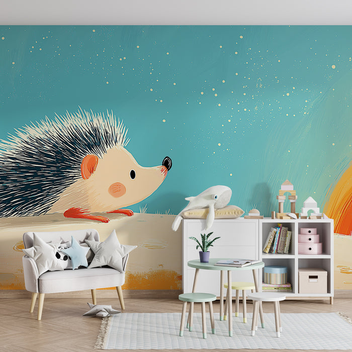 Papel pintado infantil | Erizo aventurero bajo un cielo estrellado