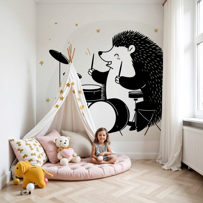 Papel pintado infantil | Erizo baterista entre estrellas