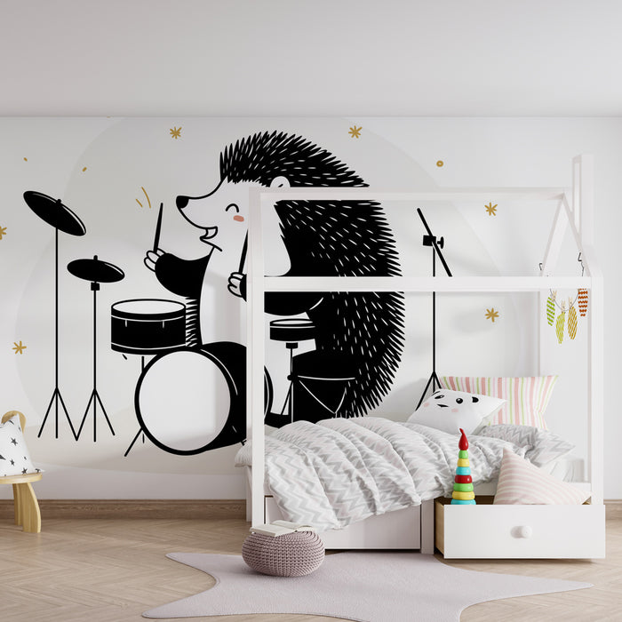 Papel pintado infantil | Erizo baterista entre estrellas