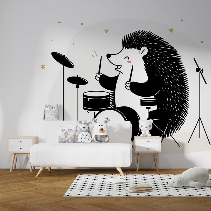 Papel pintado infantil | Erizo baterista entre estrellas