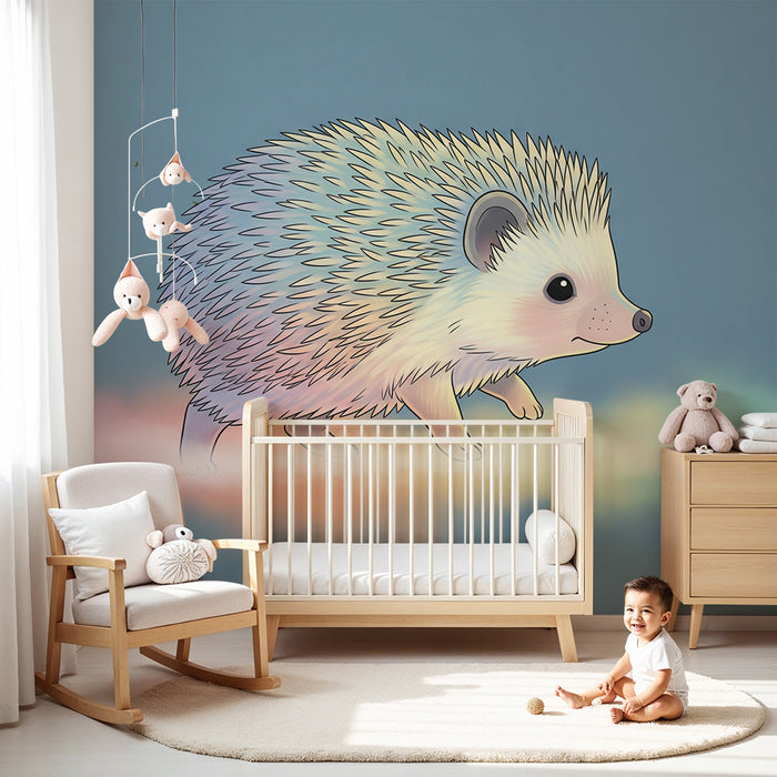 Kinderkamer behang | Kleurrijke egel op een pastelkleurige achtergrond