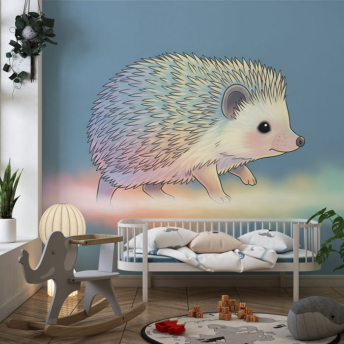 Kinderkamer behang | Kleurrijke egel op een pastelkleurige achtergrond