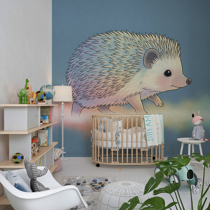 Kinderkamer behang | Kleurrijke egel op een pastelkleurige achtergrond