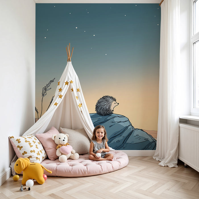 Kids room wallpaper | Contemplative hedgehog under a starry sky