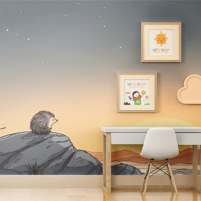 Kids room wallpaper | Contemplative hedgehog under a starry sky