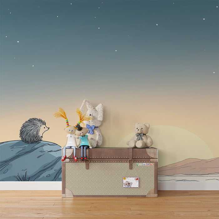 Kids room wallpaper | Contemplative hedgehog under a starry sky