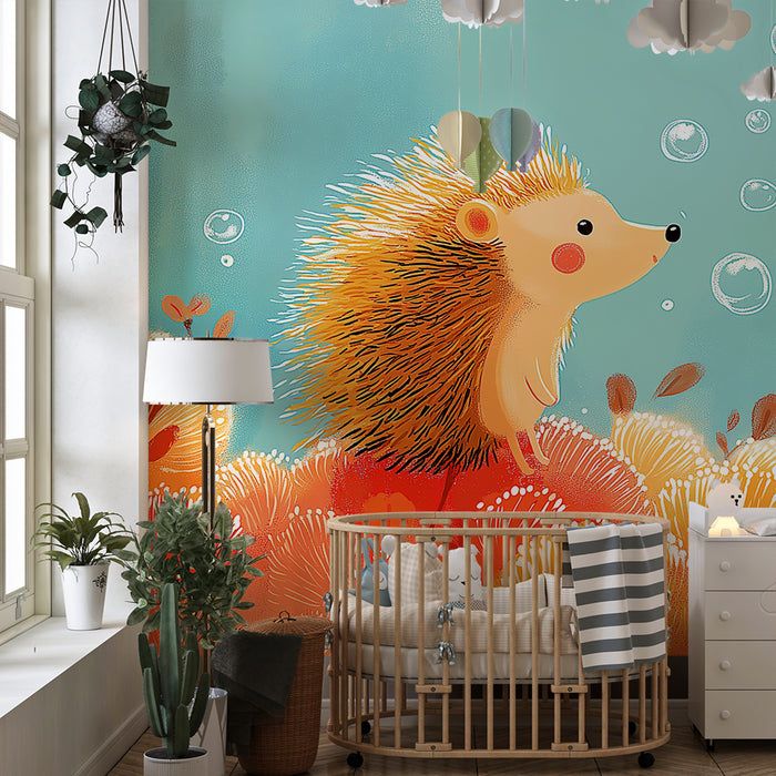 Kinderzimmer Tapete | Neugieriger Igel inmitten bunter Blasen und Korallen