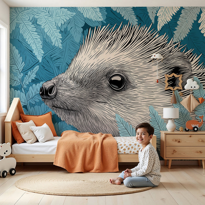 Carta da parati bambini | Riccio curioso in mezzo alle felci blu