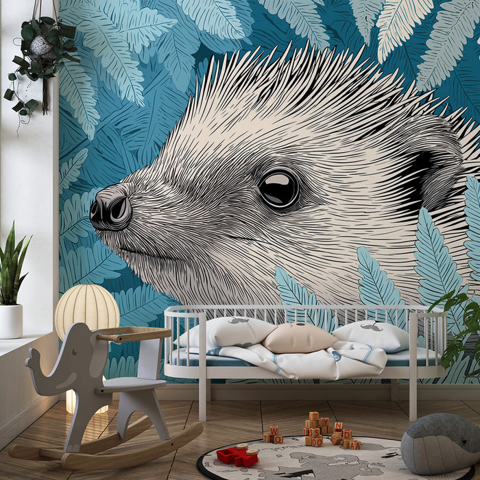 Carta da parati bambini | Riccio curioso in mezzo alle felci blu
