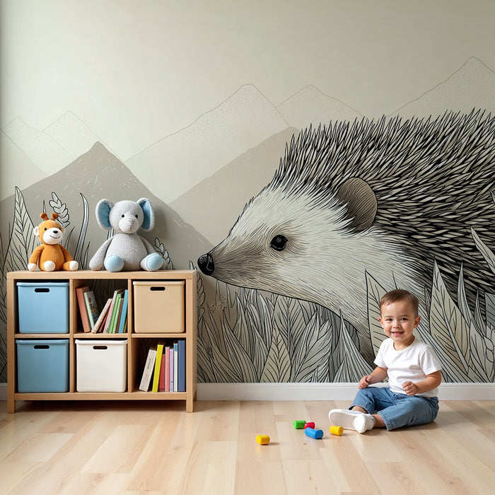 Kinderkamer behang | Nieuwsgierige egel in een rustgevend natuurlijk landschap