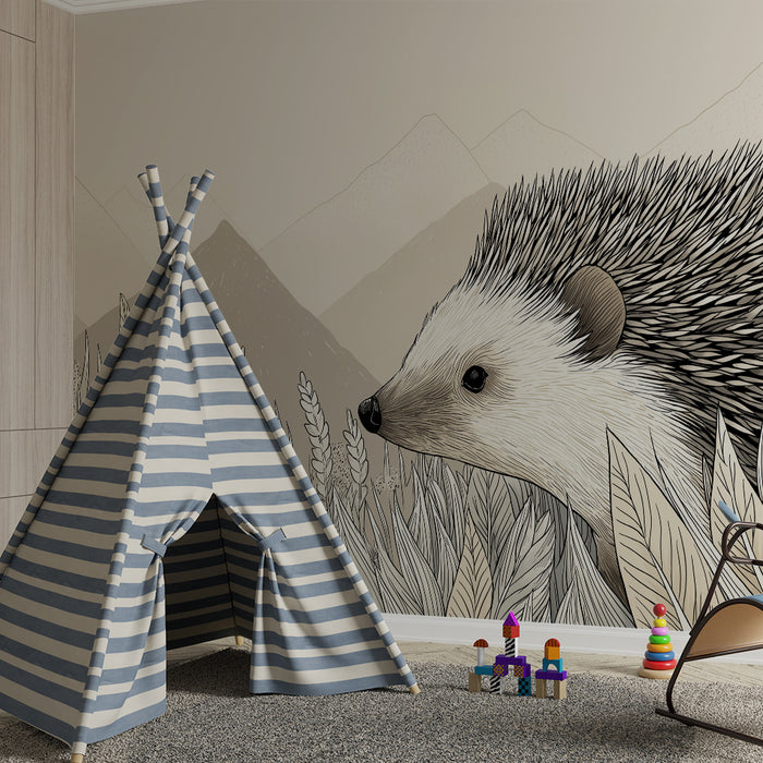 Kinderkamer behang | Nieuwsgierige egel in een rustgevend natuurlijk landschap
