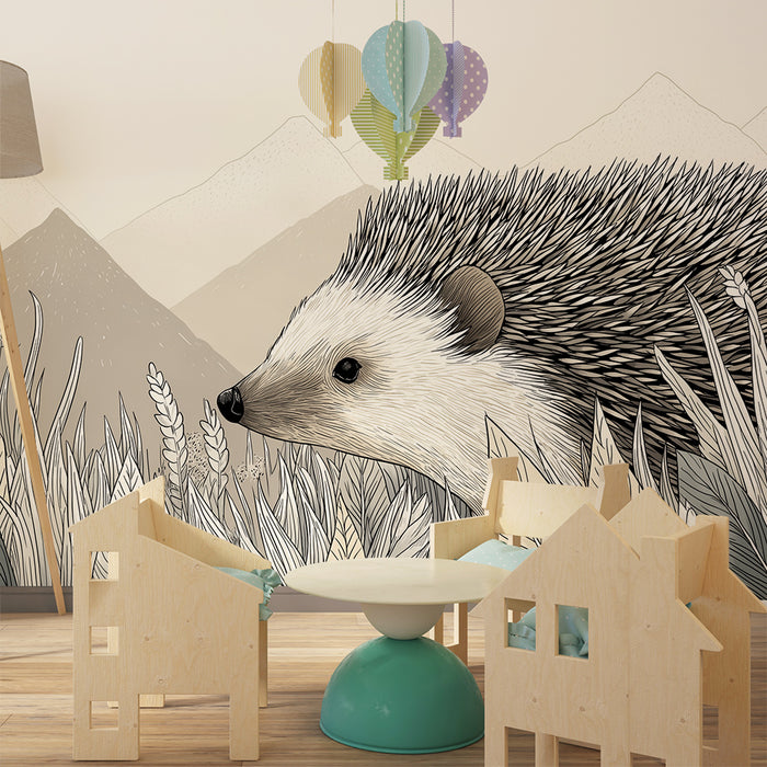 Kinderkamer behang | Nieuwsgierige egel in een rustgevend natuurlijk landschap