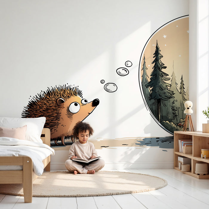 Papel pintado infantil | Erizo curioso y bosque mágico