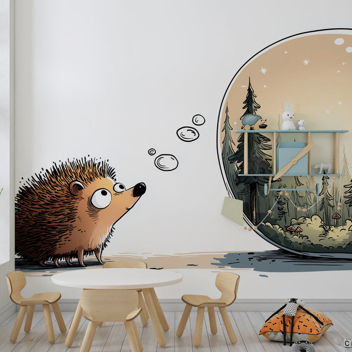 Papel pintado infantil | Erizo curioso y bosque mágico