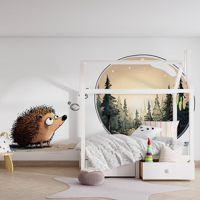 Papel pintado infantil | Erizo curioso y bosque mágico