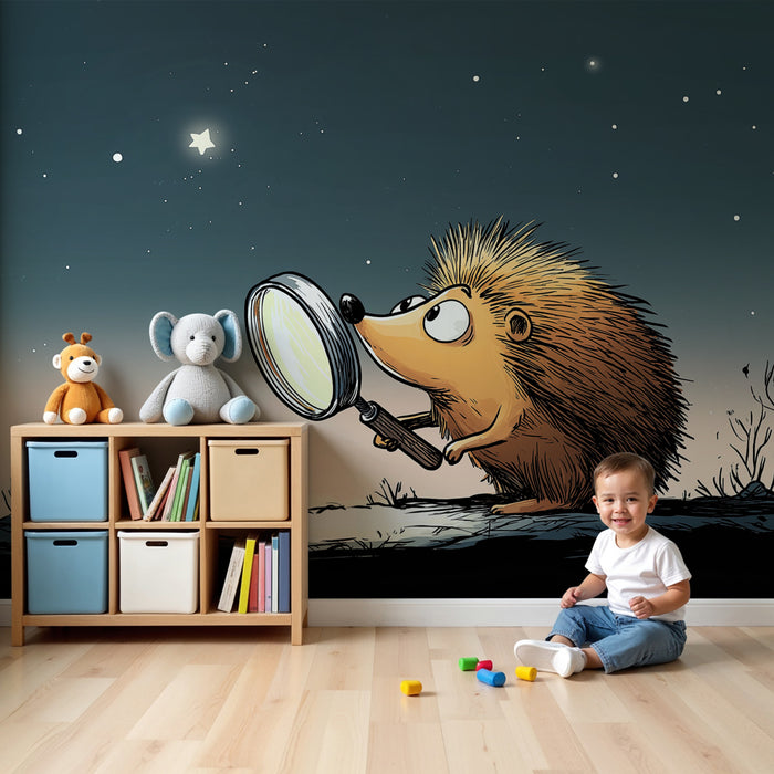 Papel pintado infantil | Erizo curioso bajo las estrellas