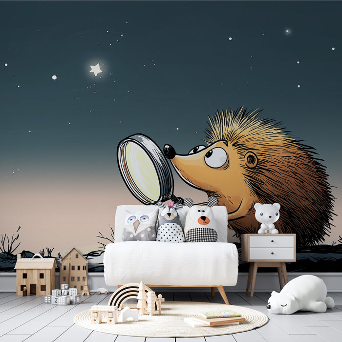 Papel pintado infantil | Erizo curioso bajo las estrellas
